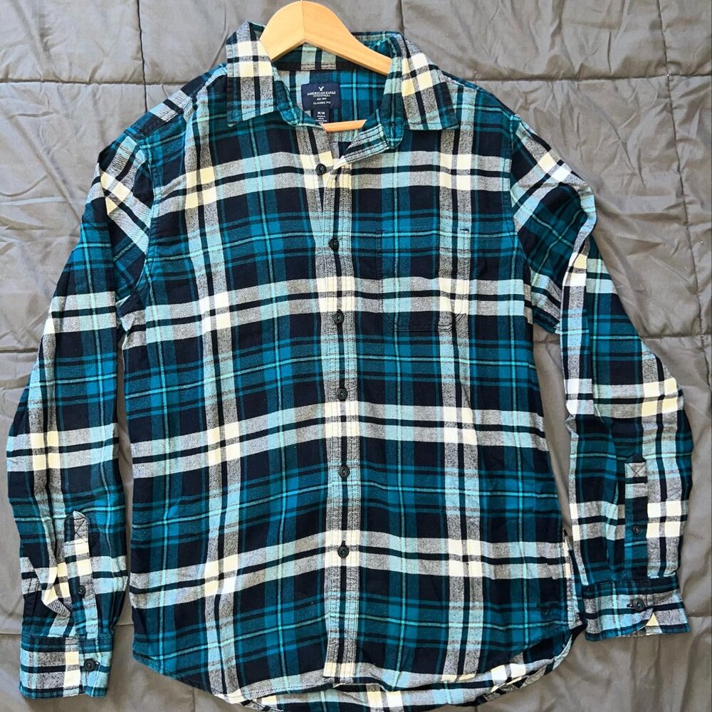 American Eagle Men's Lightweight Flannel Shirt – Blue, Soft Cotton Blend